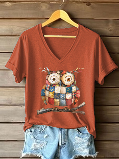 Women's Patchwork Art Owl Print Casual T-shirt