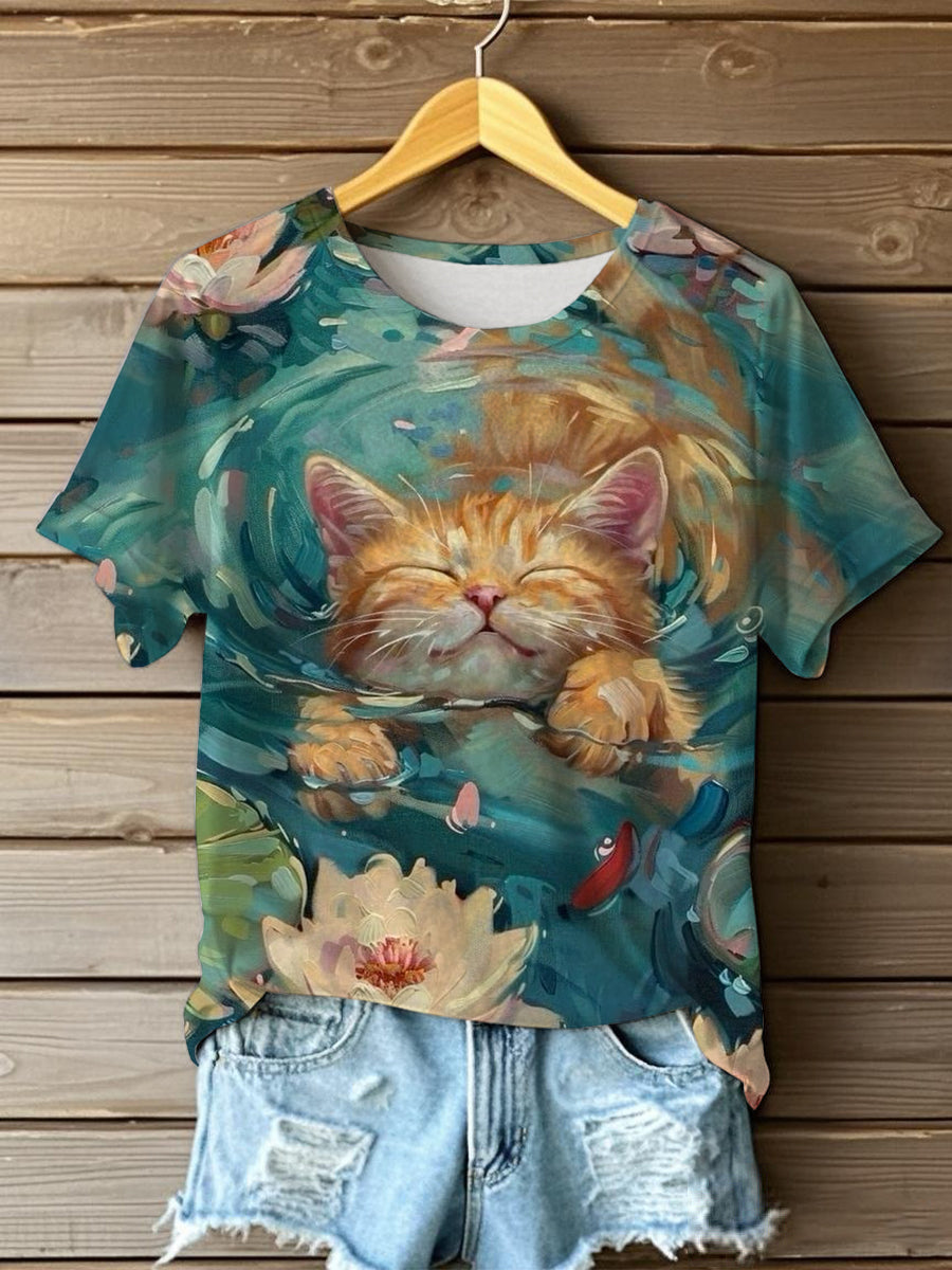 Women's Oil Painting  Cute Flowers Cat Short-sleeve  T-shirt