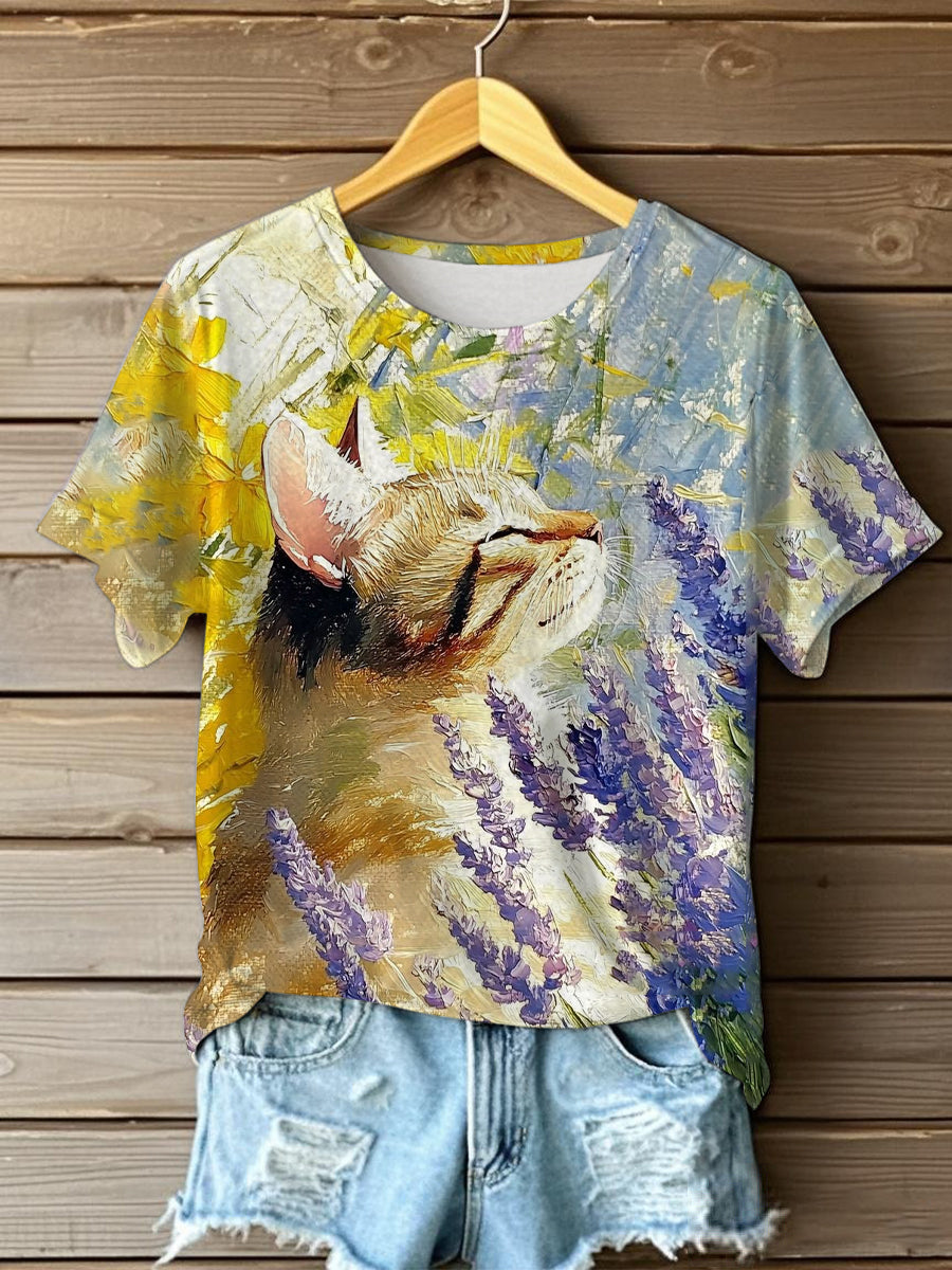 Women's Oil Painting Cute Flowers Cat Short-sleeve T-shirt
