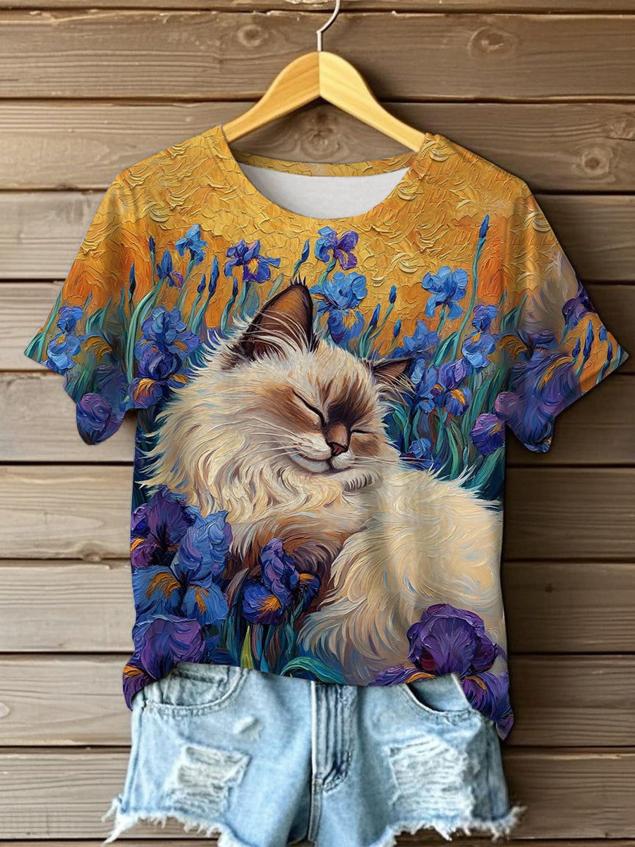 Women's Oil Painting  Cute Flowers Cat Short-sleeve  T-shirt
