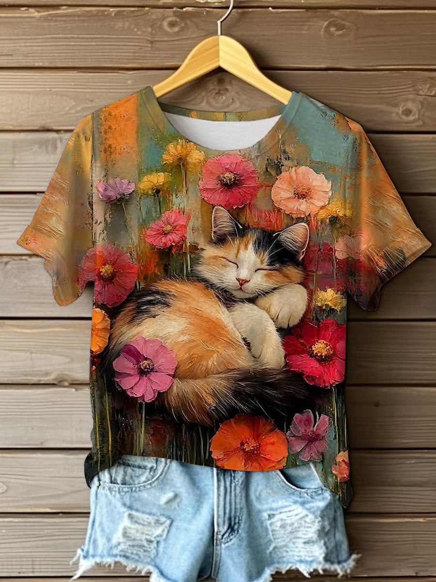 Women's Oil Painting  Cute Flowers Cat Short-sleeve  T-shirt