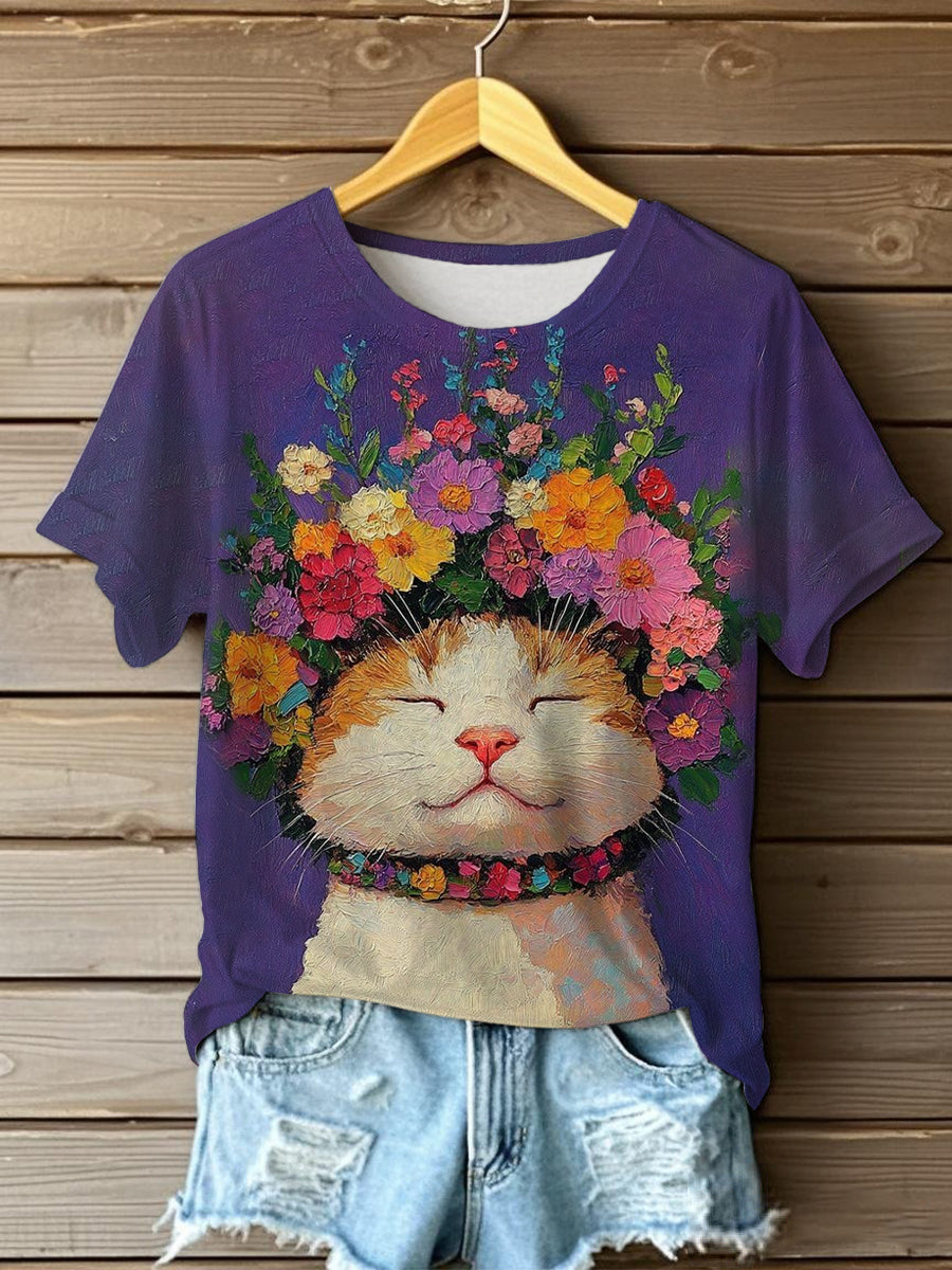 Women's Oil Painting  Cute Flowers Cat Short-sleeve  T-shirt