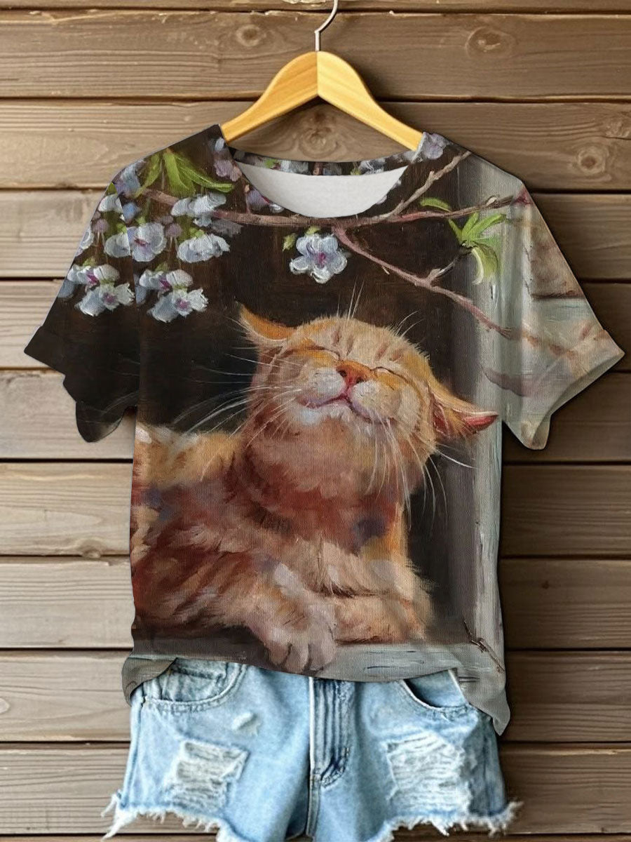 Women's Oil Painting  Cute Flowers Cat Short-sleeve  T-shirt