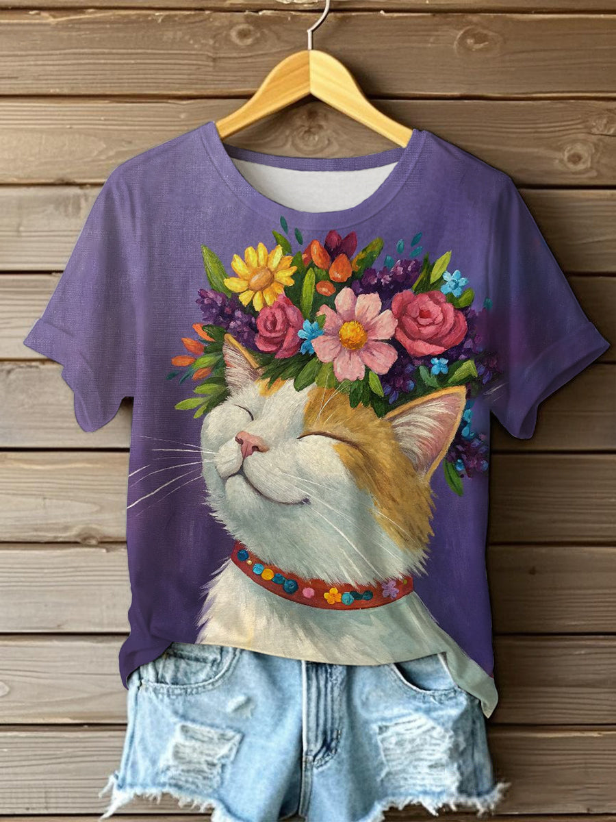 Women's Oil Painting  Cute Flowers Cat Short-sleeve  T-shirt