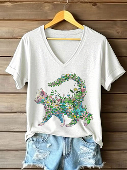 Women's Floral Cat Embroidery Casual T-Shirt
