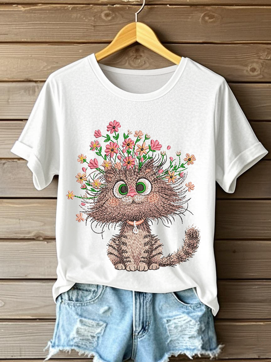 Women's Floral Cat Embroidery Casual T-Shirt