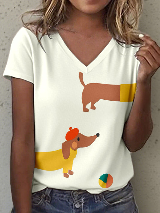 Women's Funny Dachshund Art Print V-Neck T-Shirt