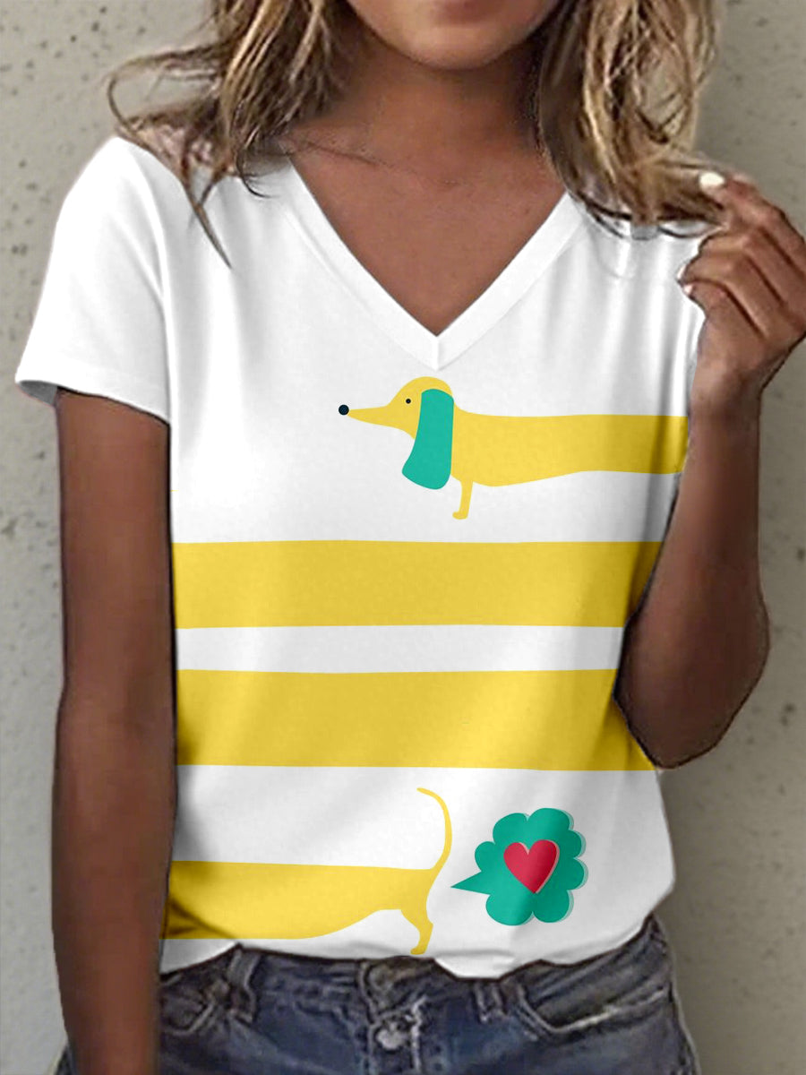 Women's Funny Dachshund Art Print V-Neck T-Shirt