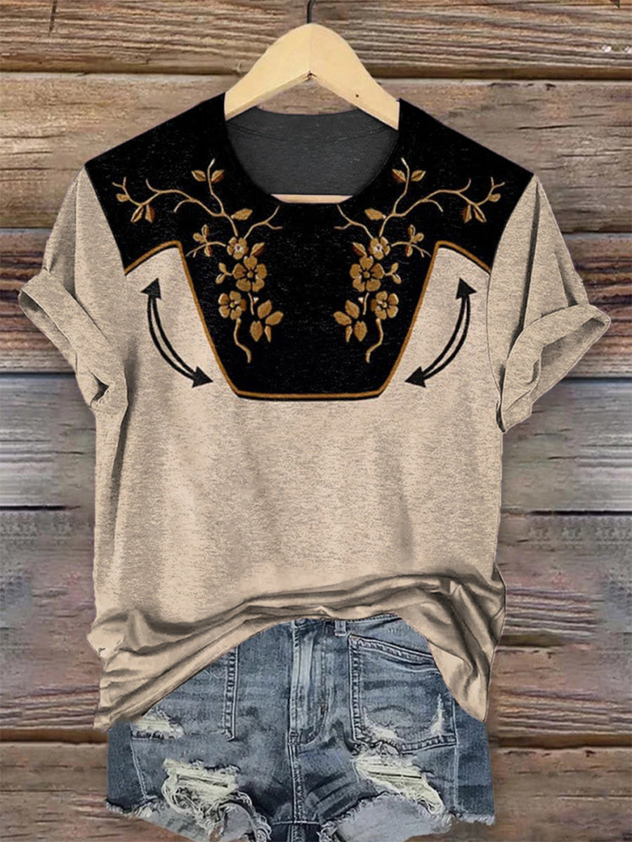 Women's Vintage Floral Art Printed Round-Neck Short Sleeve Shirt