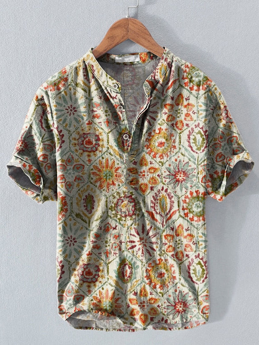 Men's Western Ethnic Stripe Print Button Short Sleeve