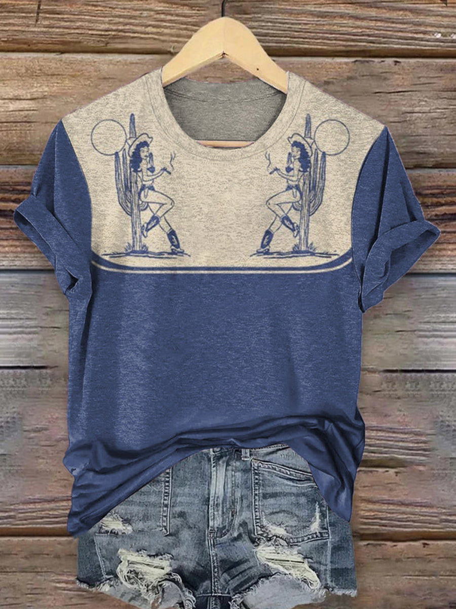 Women's Vintage Western Art Printed Round-Neck Short Sleeve Shirt