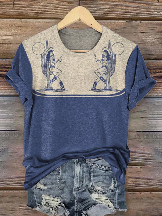 Women's Vintage Western Art Printed Round-Neck Short Sleeve Shirt