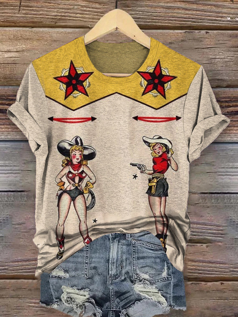Women's Vintage Western Art Printed Round-Neck Short Sleeve Shirt