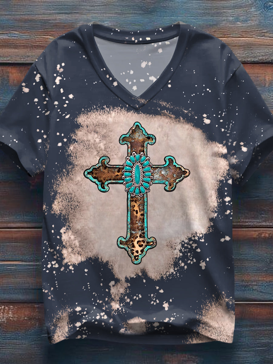 Women's Western Cross Faith Print Casual V-Neck Tee