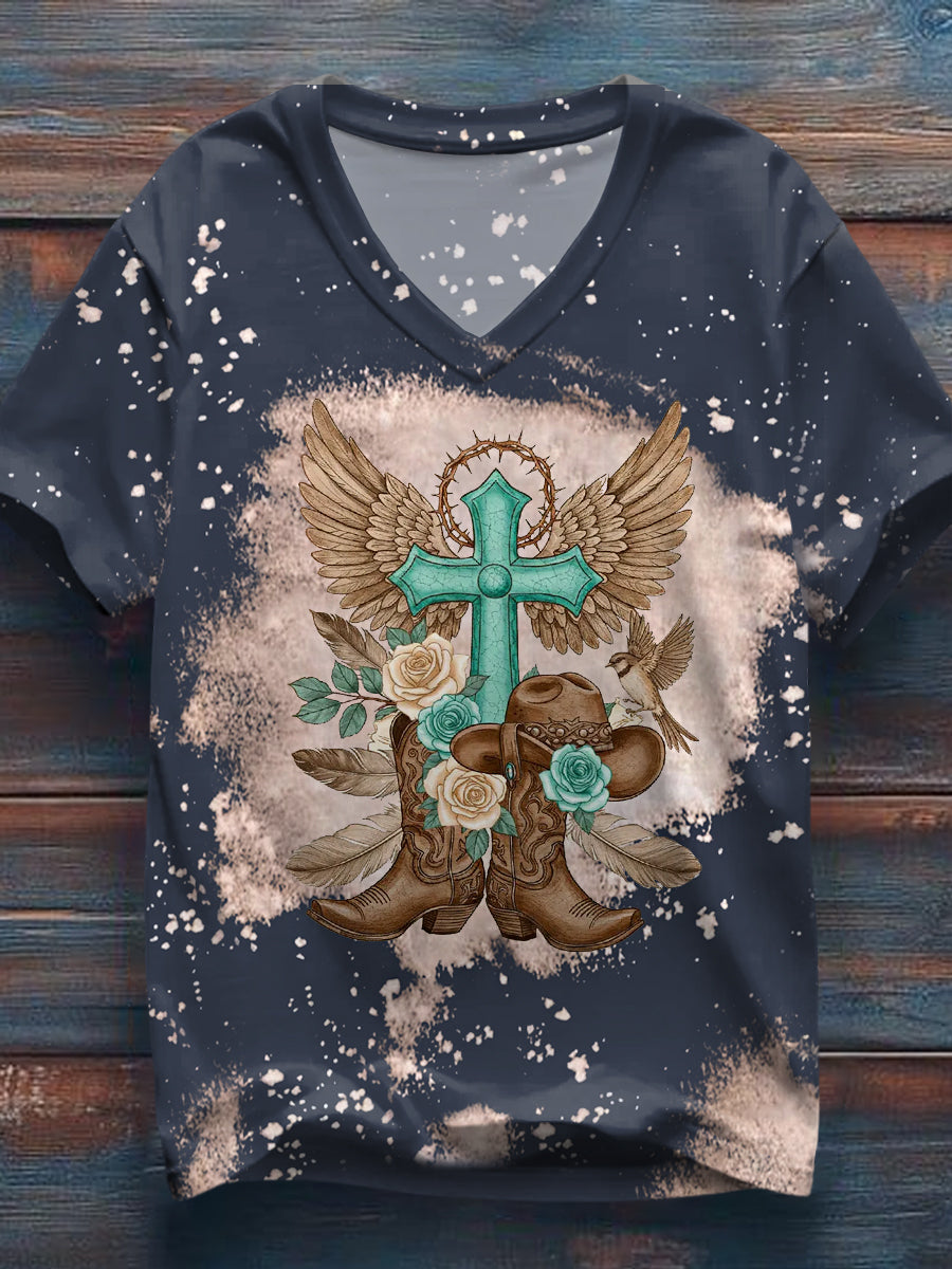 Women's Western Cross Faith Print Casual V-Neck Tee