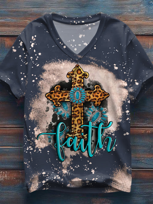 Women's Western Cross Faith Print Casual V-Neck Tee