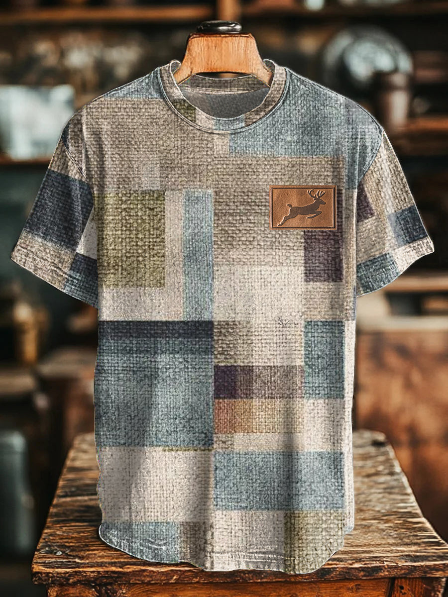 Men's Retro Western Style Colorblock Deer Print T-Shirt