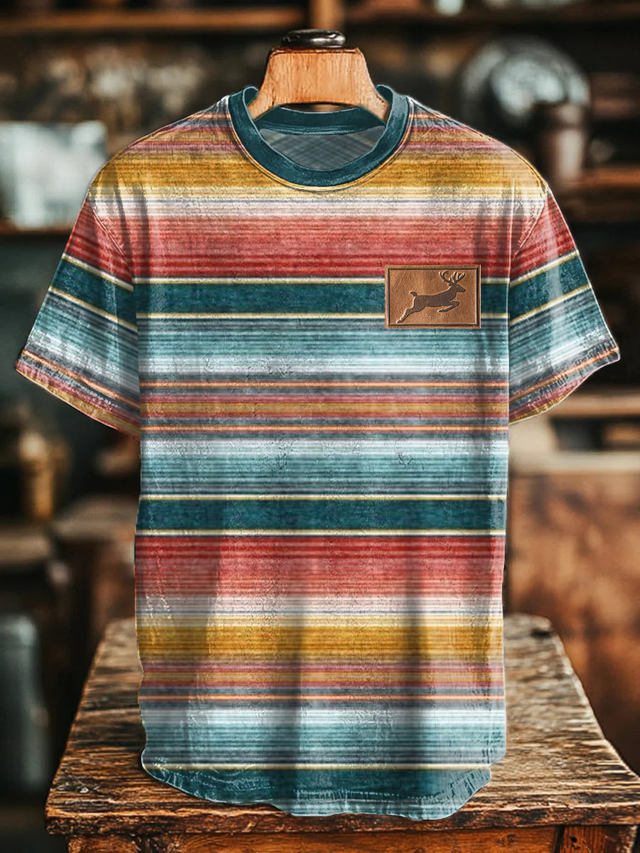 Men's Retro Striped Colorblock Deer Print T-Shirt