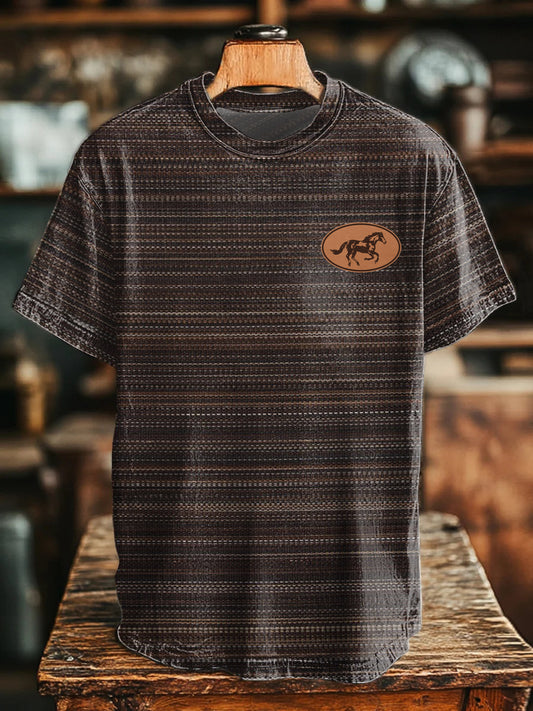 Men's Retro Western Stripe Horse Print T-Shirt