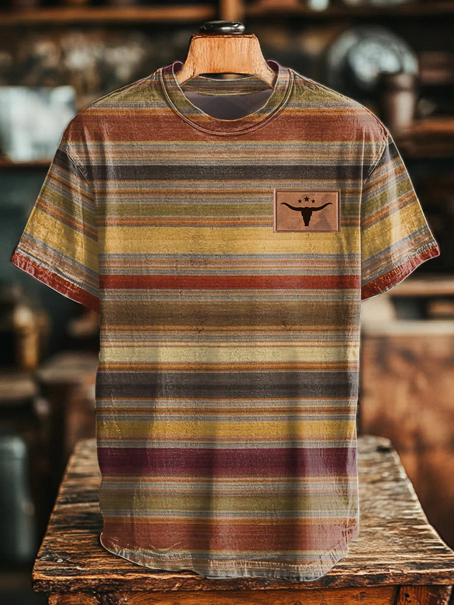 Men's Retro Western Striped Bull Skull Print T-Shirt