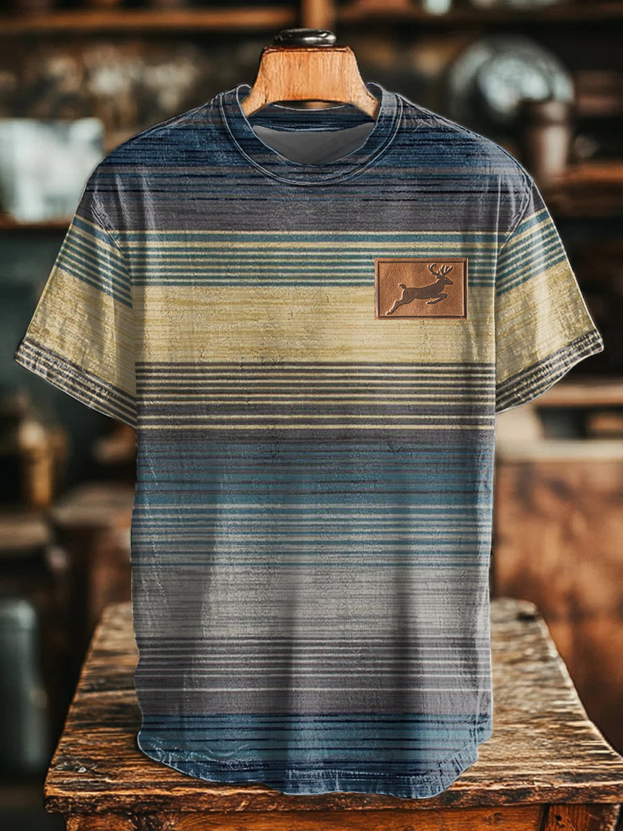 Men's Retro Western Striped Deer Print T-Shirt