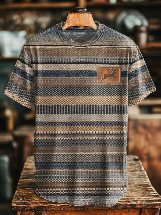 Men's Retro Western Striped Deer Print T-Shirt
