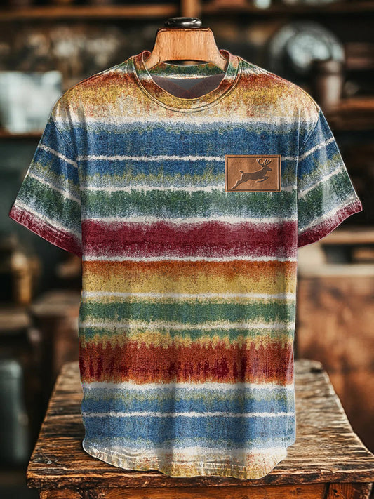 Men's Retro Western Tie-Dye Striped Deer Print T-Shirt