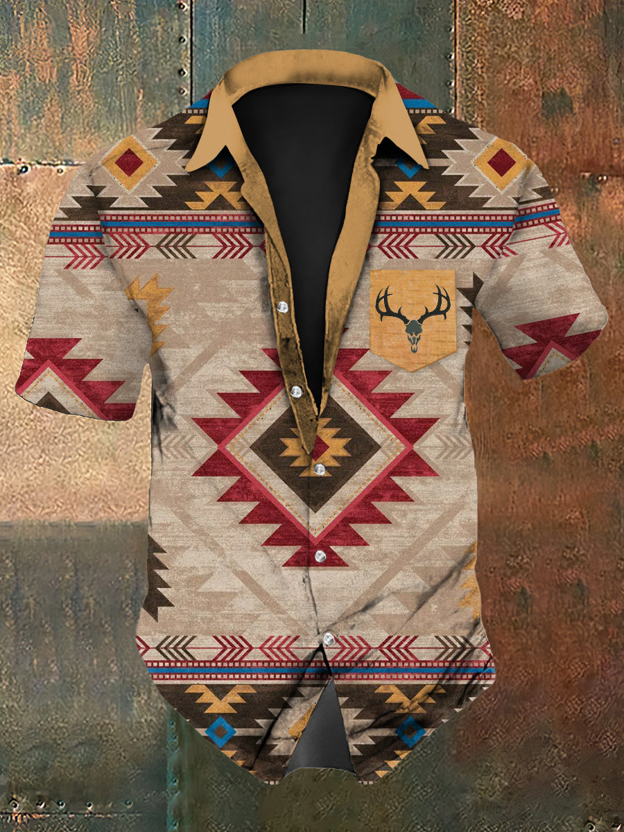 Men's Deer Skull Western Graphic Short Sleeve Shirt