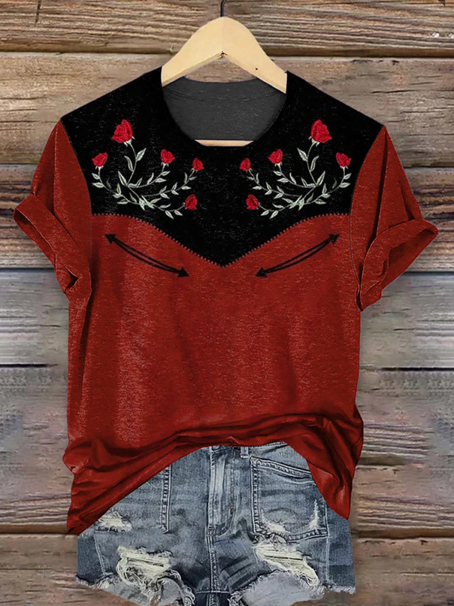 Women's Vintage Floral Art Printed Round-Neck Short Sleeve Shirt