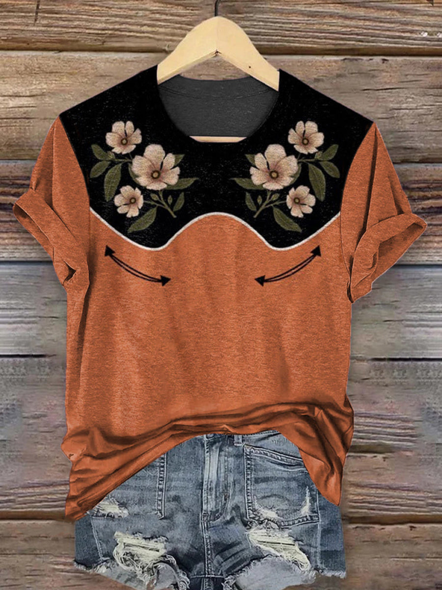 Women's Vintage Floral Art Printed Round-Neck Short Sleeve Shirt