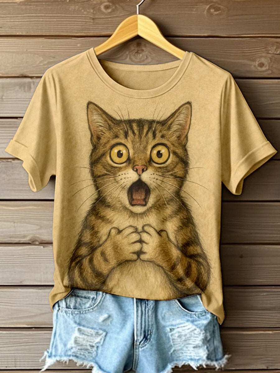 Women's Vintage Cat Art Print Short Sleeve T-Shirt