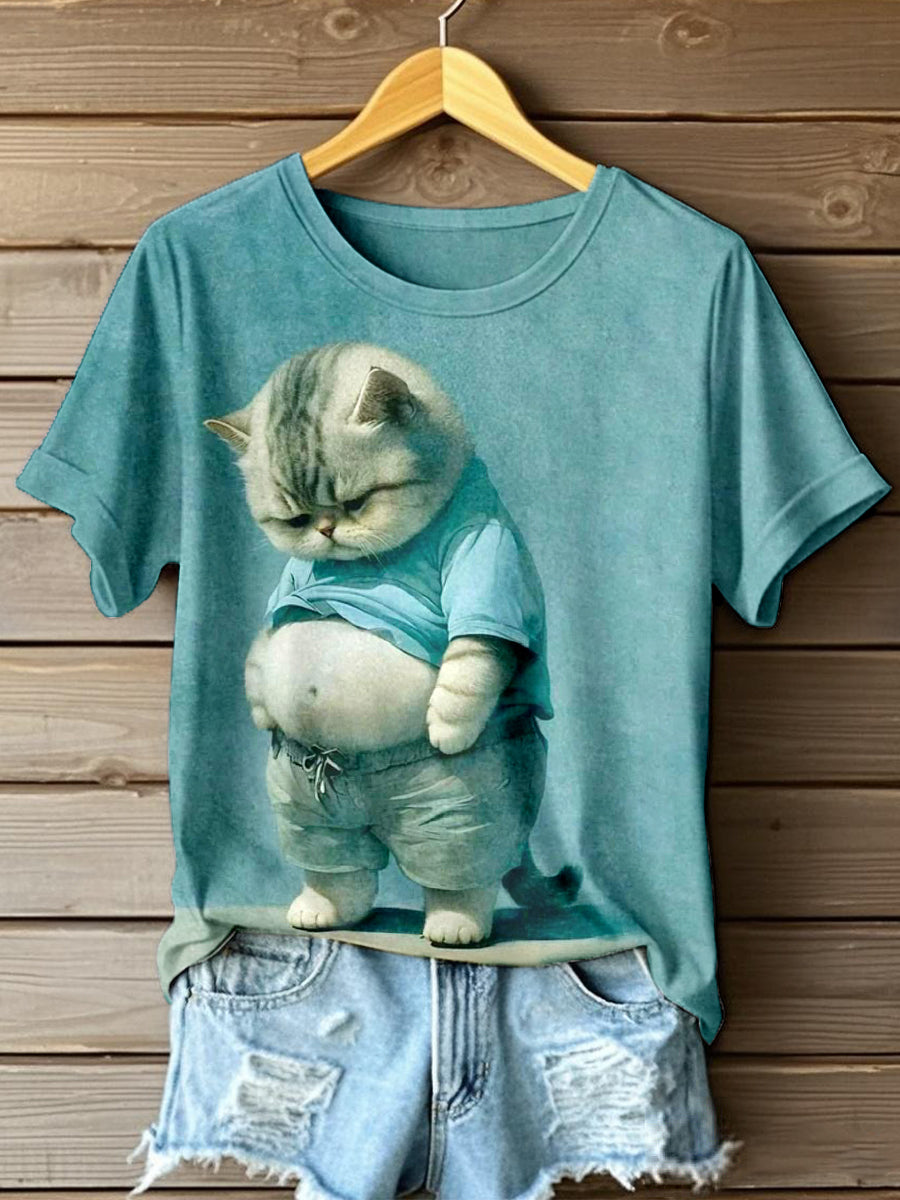 Women's Funny Cat Art Print Vintage T-shirt