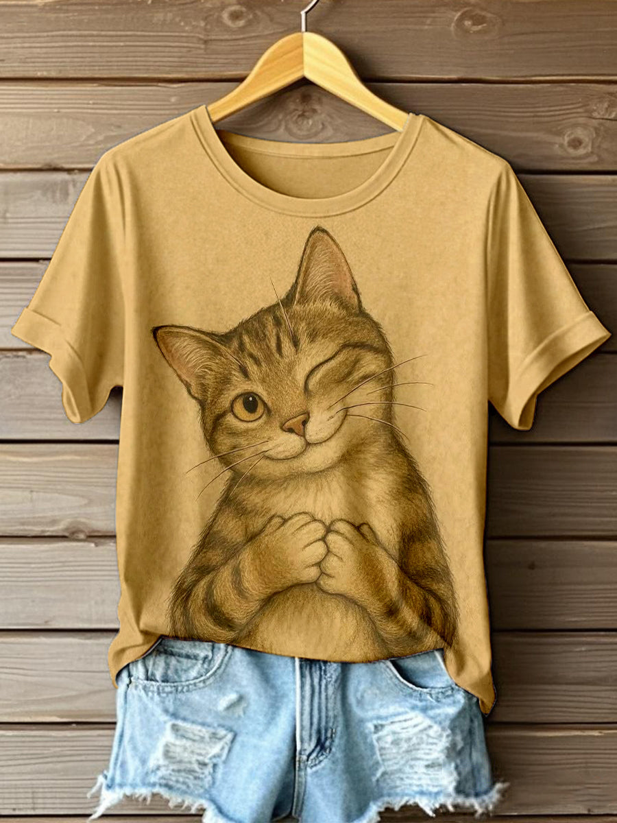 Women's Vintage Cat Art Print Short Sleeve T-Shirt