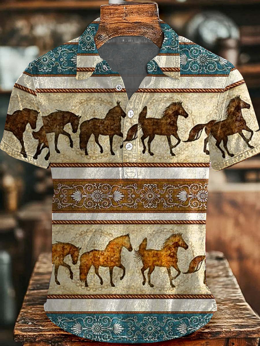 Men's Vintage Western Horses Print Casual Buttons Top