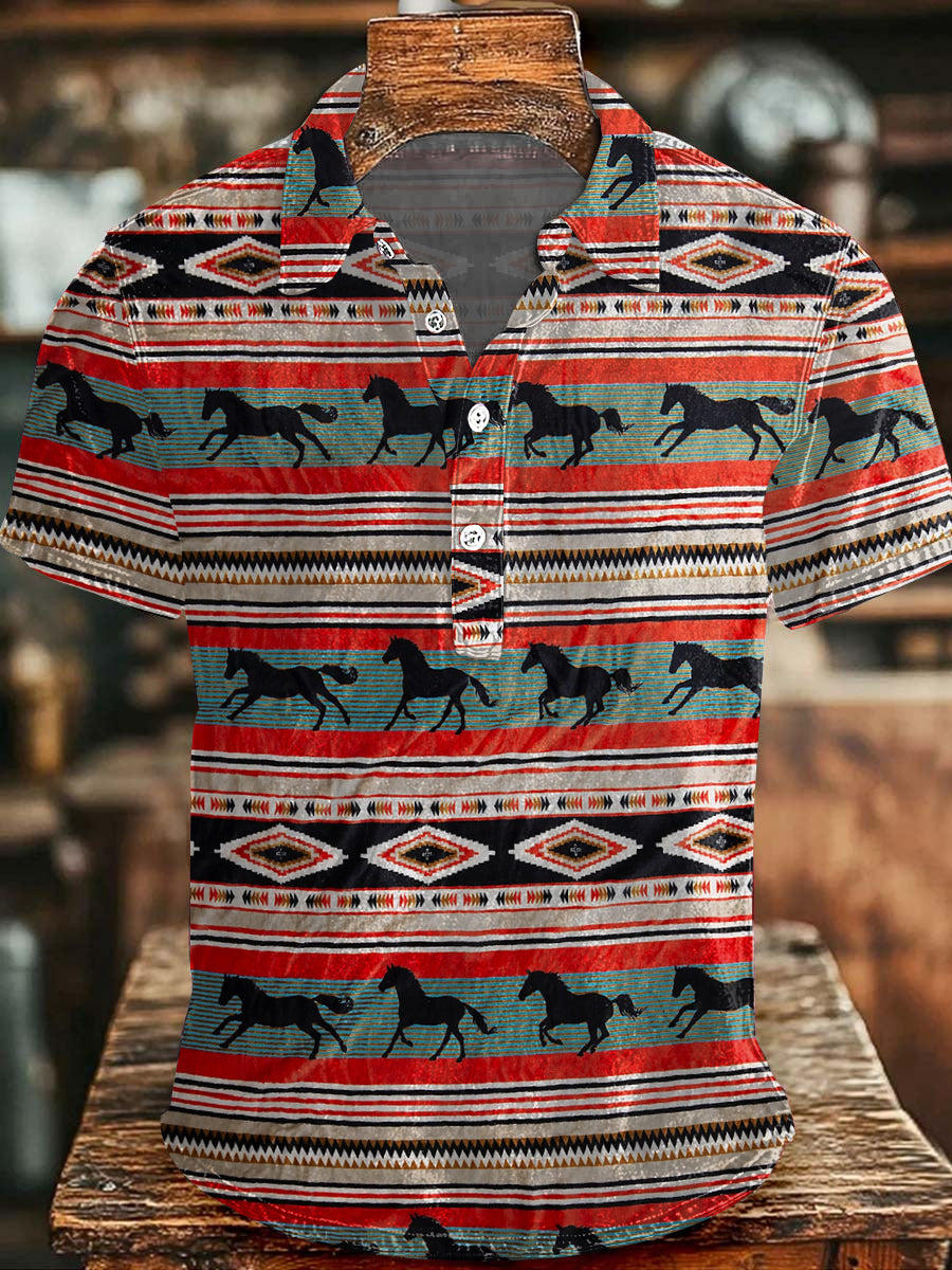 Men's Vintage Western Horses Print Casual Buttons Top